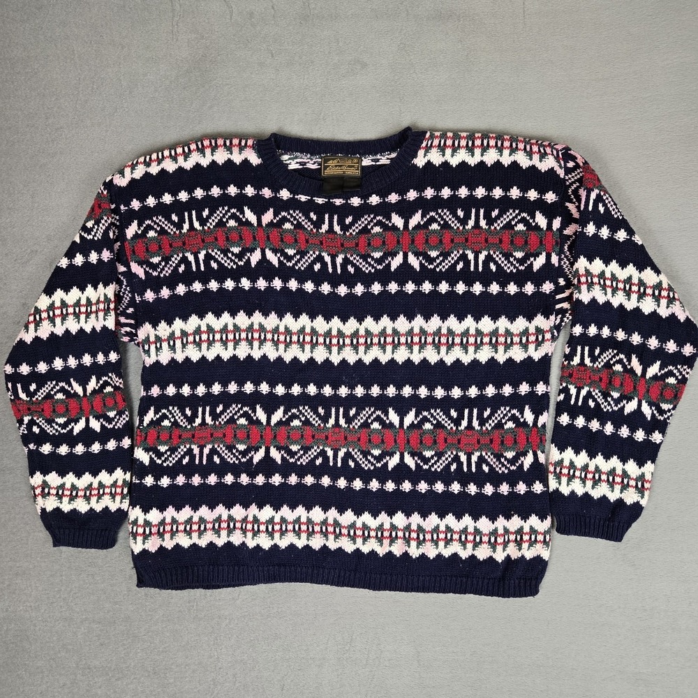Vintage Eddie Bauer Sweater Womens Large Fair Isle Nordic USA Made Cotton *READ
